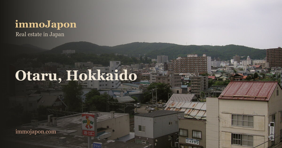 View over the city of Otaru in Hokkaido: detached houses and low-rise buildings with sheet-metal roofs in the foreground, a crossroads lined with shops, then the wooded hills that enclose the town, the residential fabric where the island's cheapest houses are found