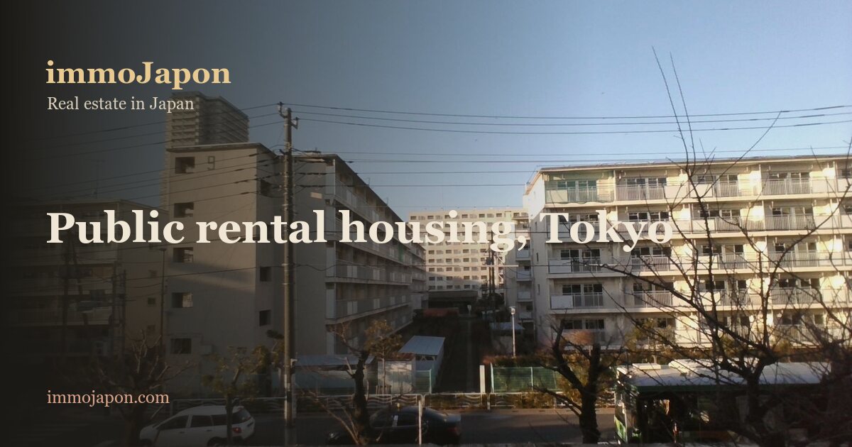 Public rental housing blocks in eastern Tokyo seen from an upper floor: long four and five storey concrete buildings with open walkways and rows of small balconies facing each other across a gap, a taller residential tower behind them, bare winter trees and overhead power lines in the foreground, cars parked along the street below, under a clear pale blue sky.