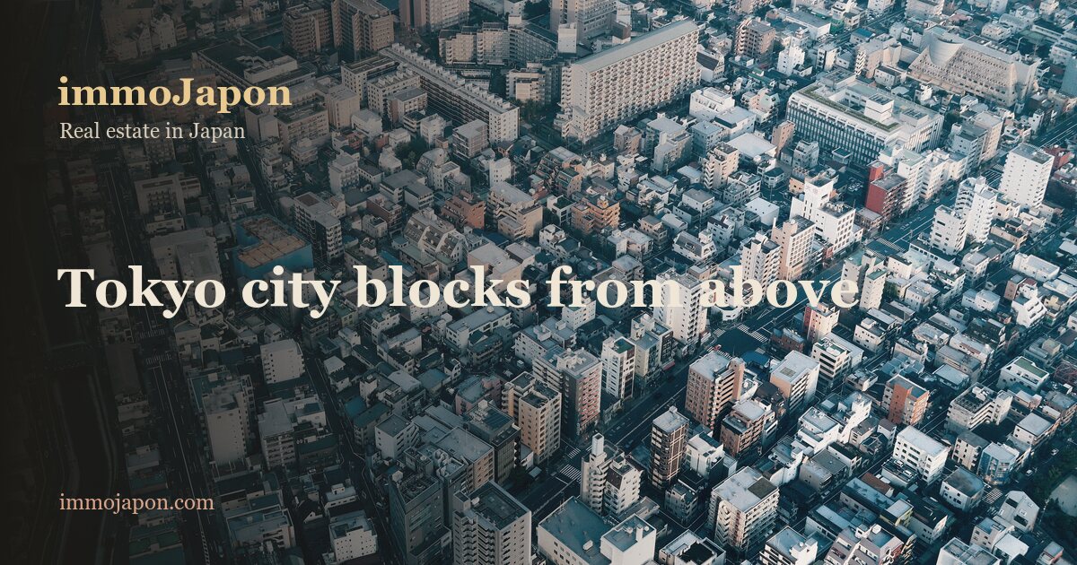 An aerial view of a dense Tokyo district at dusk: hundreds of low and mid rise buildings packed into rectangular city blocks, the blocks separated by a few wide avenues and a railway line, a canal running along the left edge crossed by several bridges, and no street names visible anywhere in the pattern of roofs.