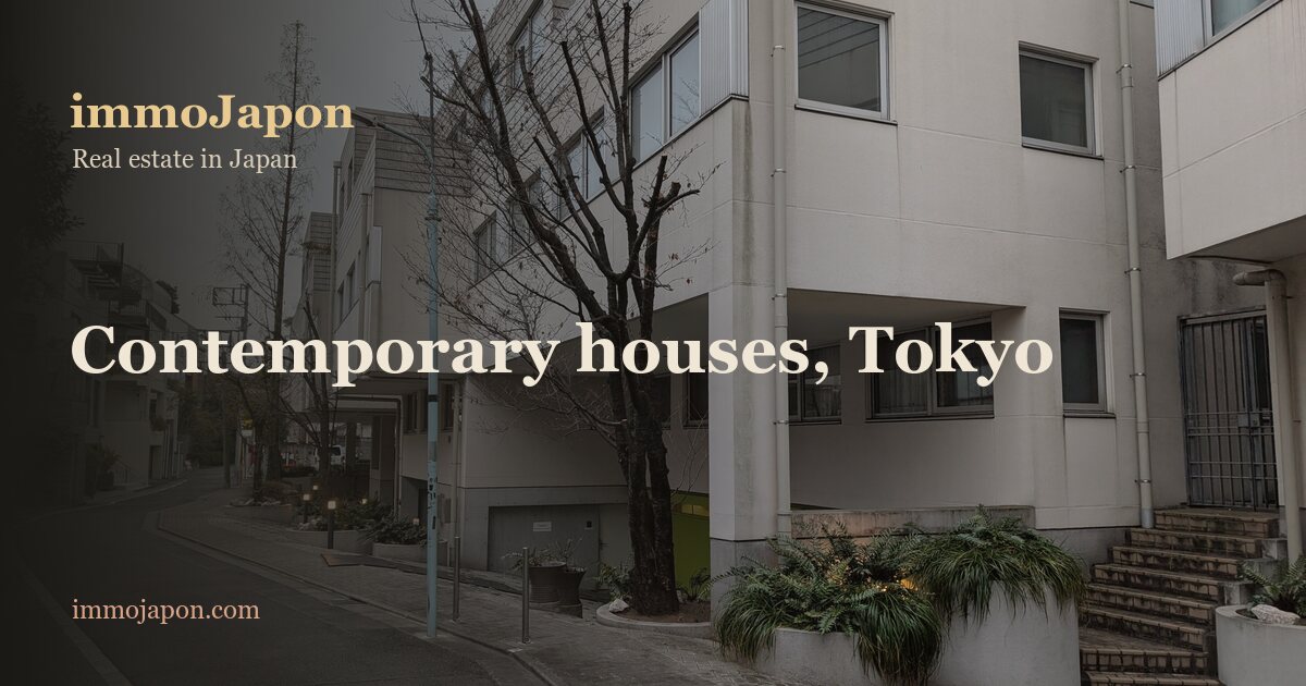 A quiet residential street in the Aoyama district of Tokyo lined with contemporary houses: pale rendered facades with flat roofs, long horizontal windows set flush with the wall, a ground floor recessed under the upper storey to shelter a parking space, slim metal downpipes running the full height, brick steps rising to a front door on the right, and planters of ferns along the pavement under a bare winter tree.