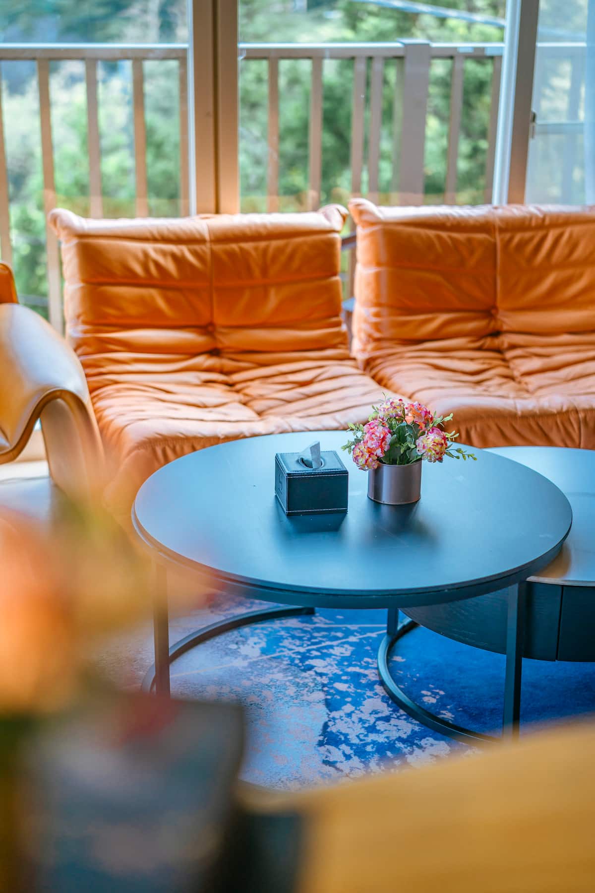 Canapés orange et table basse du séjour (photo Airbnb)